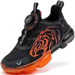 JMFCHI Kids Sneakers – Breathable Athletic Running Shoes for Boys & Girls with Turn-Lock Closure (Black/Orange, Size 11.5)