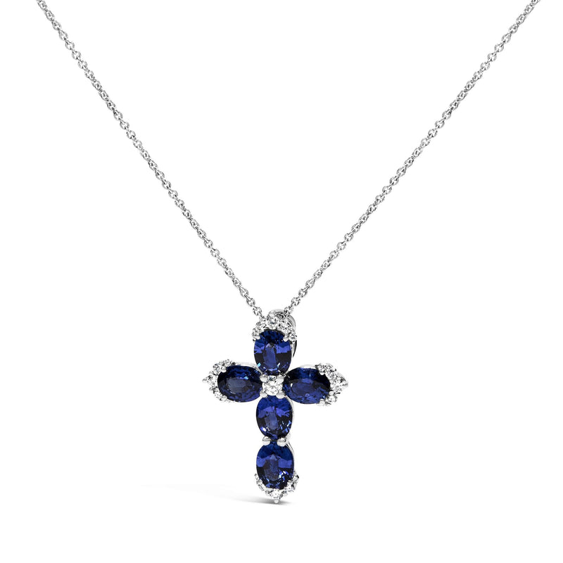 18K White Gold 3x4 MM Oval Blue Sapphire and Diamond Cross Pendant Necklace - 18
