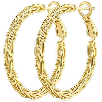 14K Gold Hoop Earrings for Women – Fine Weave Design, 30MM