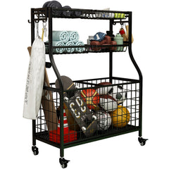 INGIORDAR Rolling Sports Equipment Organizer – Ball Rack Storage Cart with Baskets, Hooks & Locking Wheels for Garage (Black)