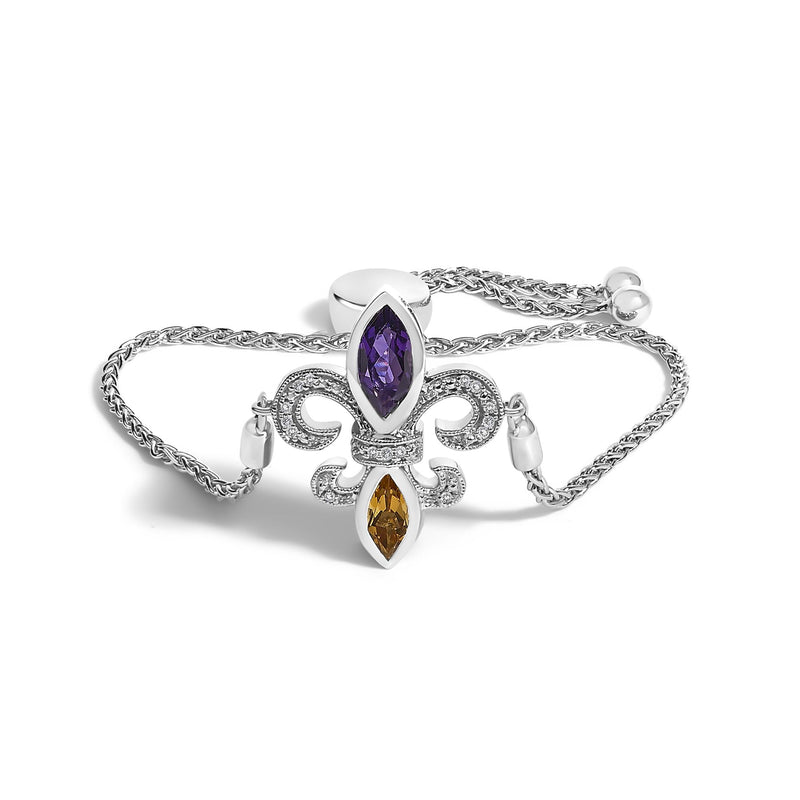 Sterling Silver Fleur de Lis Lariat Bolo Bracelet – Amethyst, Citrine & Diamond