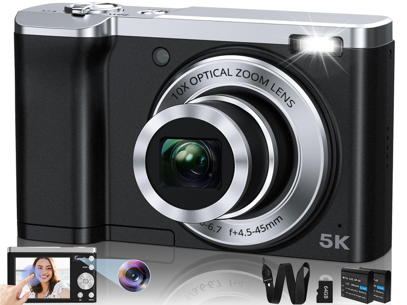 5K Digital Camera 56MP | 10X Optical Zoom, Autofocus, Anti-Shake, Touch Screen, 64GB SD Card & 2 Batteries