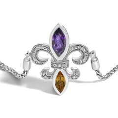 Sterling Silver Fleur de Lis Lariat Bolo Bracelet – Amethyst, Citrine & Diamond