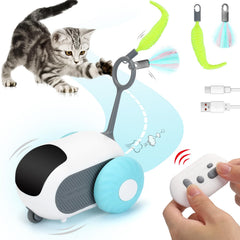 Turbo Tail 3.0 Remote Control Cat Toy – 2-Speed, Obstacle Avoidance, Feather Teasers, USB-C Rechargeable (Blue)