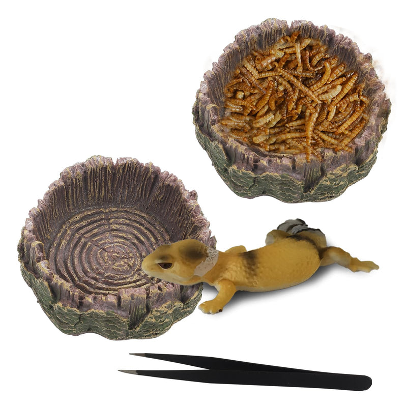 Tree Stump Reptile Food & Water Bowl with Feeding Tweezers – 2-Pack Resin Dish for Lizards, Snakes & Tortoises