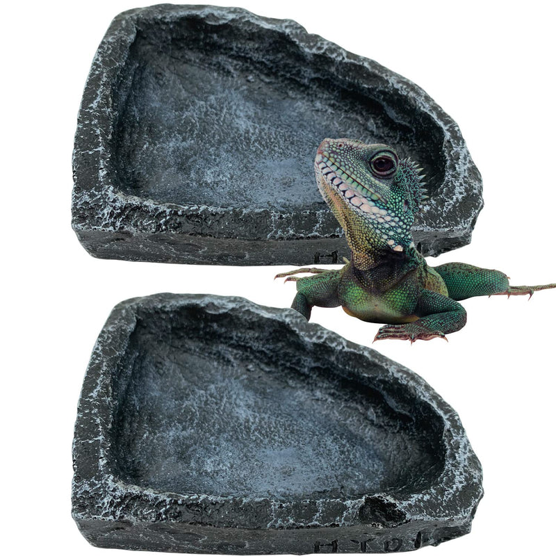 Rock-Style Reptile Food & Water Dish – 2-Pack Resin Corner Bowl for Bearded Dragons, Geckos & Tortoises