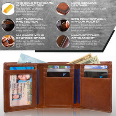 Mens RFID Wallet - Extra Capacity Leather Trifold 7 slot with ID Window