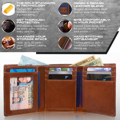 Mens RFID Wallet - Extra Capacity Leather Trifold 7 slot with ID Window