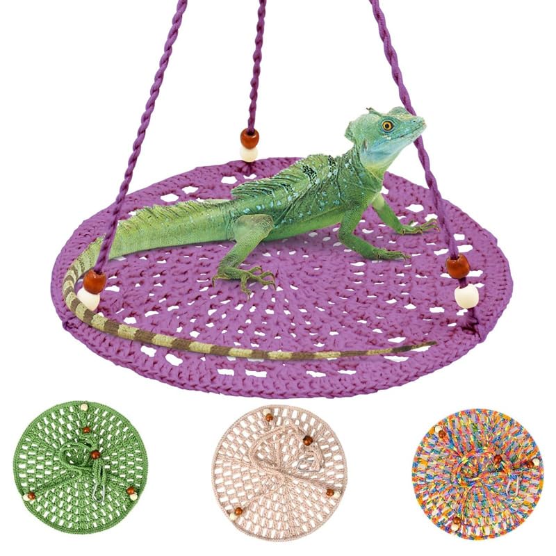 Hovable Reptile Hammock – Soft Cotton Rope Swing Bed for Bearded Dragons, Lizards, Geckos & Small Pets (9.8”×17.7”, Purple)