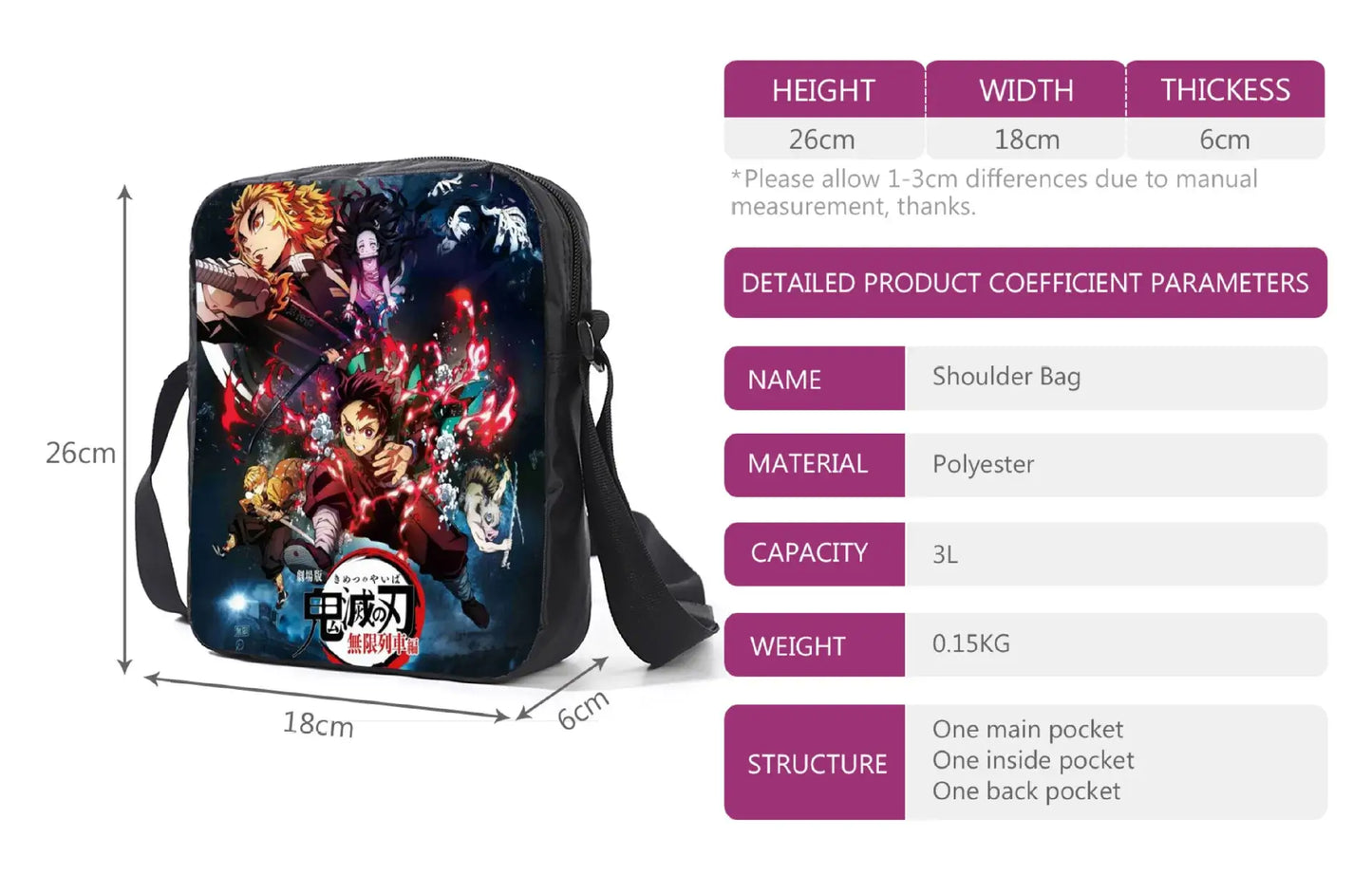 Demon Slayer Backpack: Nezuko 3-Piece Schoolbag Set