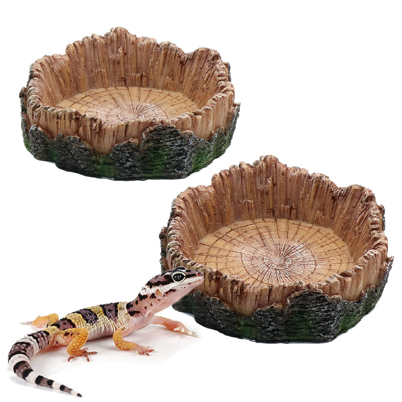 Tree Trunk Reptile Food & Water Dish – 2-Pack Resin Terrarium Decor Bowl for Geckos, Lizards & More
