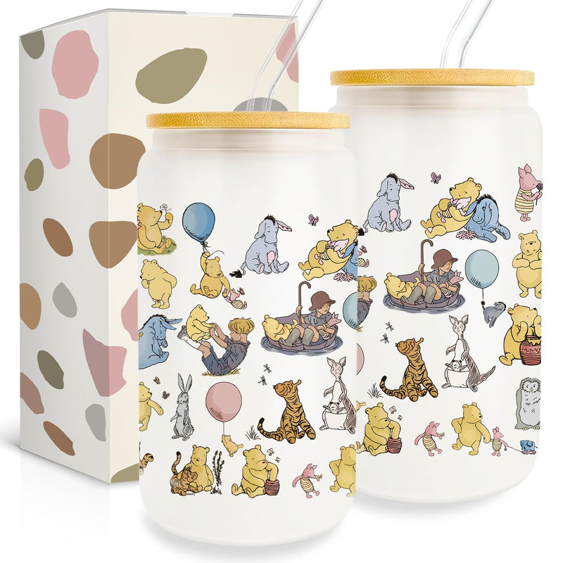 Winnie the Pooh 16oz Glass Can Cup with Bamboo Lid & Straw