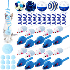 Gemscream 46-Piece Cat Toy Set – Fur Mice, Springs, Crinkle Balls, Pompoms & More for Kittens & Indoor Cats (Blue)