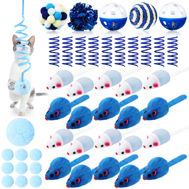 Gemscream 46-Piece Cat Toy Set – Fur Mice, Springs, Crinkle Balls, Pompoms & More for Kittens & Indoor Cats (Blue)
