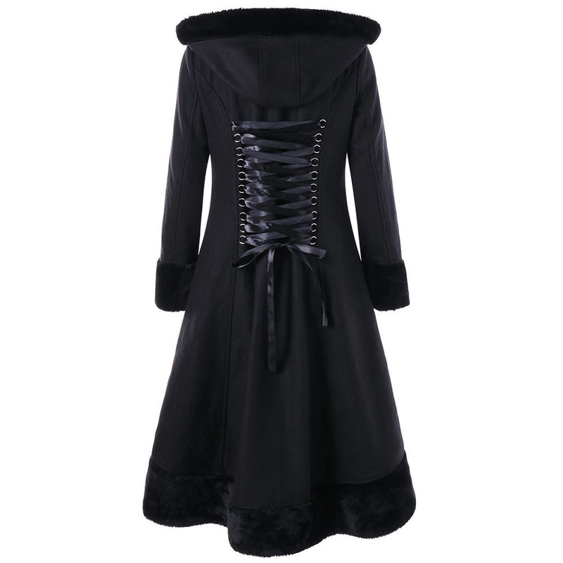 Women's Hooded Wool Trench Coat with Fur Collar