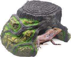 Reptile Hideout Cave & Basking Platform – Resin Tree Stump Habitat Decoration for Turtles, Lizards, Geckos & More (Medium)