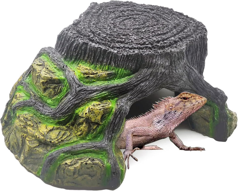 Reptile Hideout Cave & Basking Platform – Resin Tree Stump Habitat Decoration for Turtles, Lizards, Geckos & More (Medium)