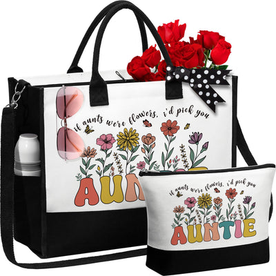Aunt Gift Set – Canvas Tote Bag & Makeup Bag | Best Aunt Ever Gift from Niece or Nephew