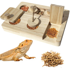FlidRunest Wooden Reptile Puzzle Feeder – Multi-Compartment Foraging Enrichment Toy for Bearded Dragons, Lizards & Small Pets