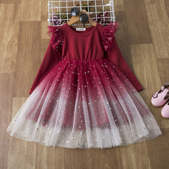 Gradient Starry Sky Long-Sleeved Princess Dress