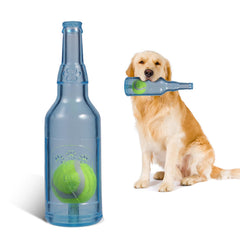 Metionc Rubber Bottle Dog Toy with Tennis Ball – Squeaky, Indestructible Chew Toy for Large & Aggressive Chewers (Blue, S)