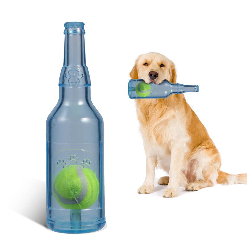 Metionc Rubber Bottle Dog Toy with Tennis Ball – Squeaky, Indestructible Chew Toy for Large & Aggressive Chewers (Blue, S)